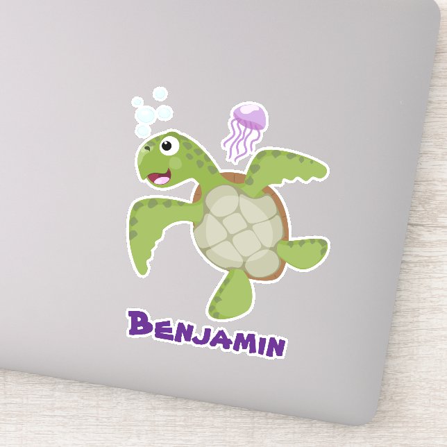 Cute green sea turtle happy cartoon illustration sticker (Detail)