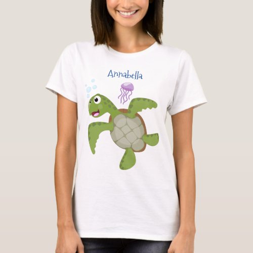 Cute green sea turtle happy cartoon illustration T_Shirt