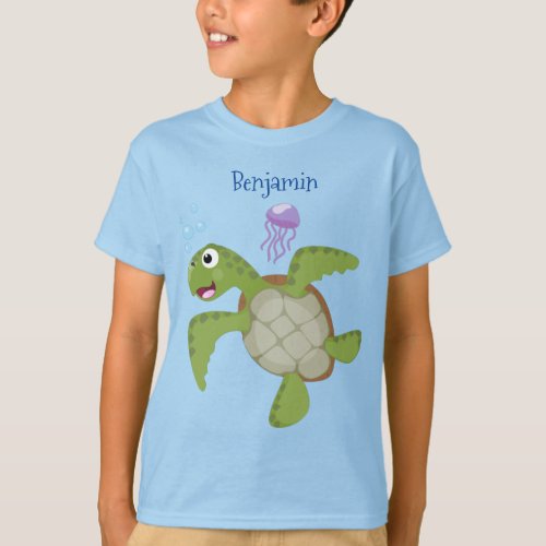 Cute green sea turtle happy cartoon illustration T_Shirt