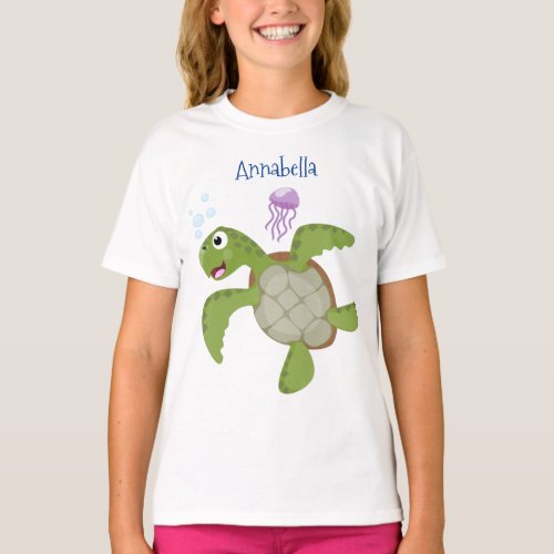 Cute green sea turtle happy cartoon illustration T_Shirt