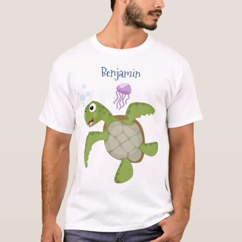 Cute green sea turtle happy cartoon illustration T_Shirt