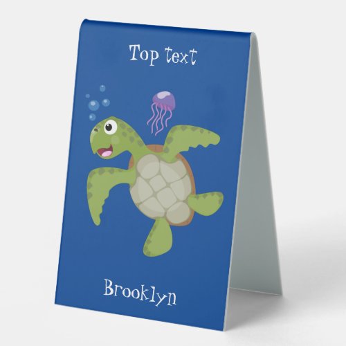Cute green sea turtle happy cartoon illustration table tent sign