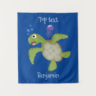Cute green sea turtle happy cartoon illustration tapestry