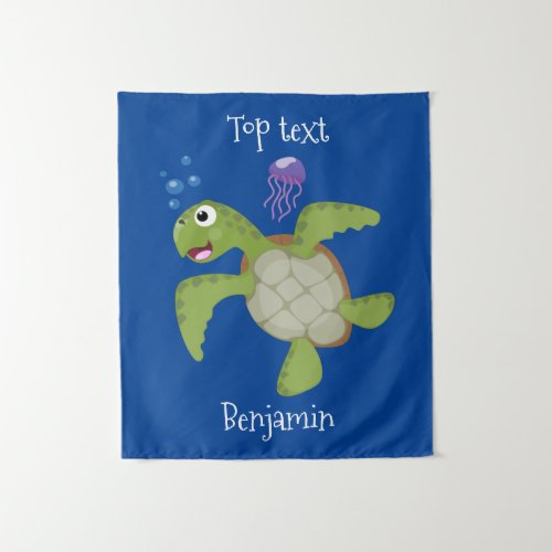 Cute green sea turtle happy cartoon illustration tapestry