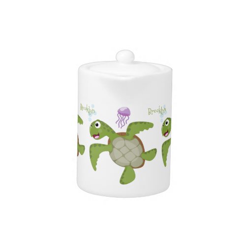 Cute green sea turtle happy cartoon illustration teapot