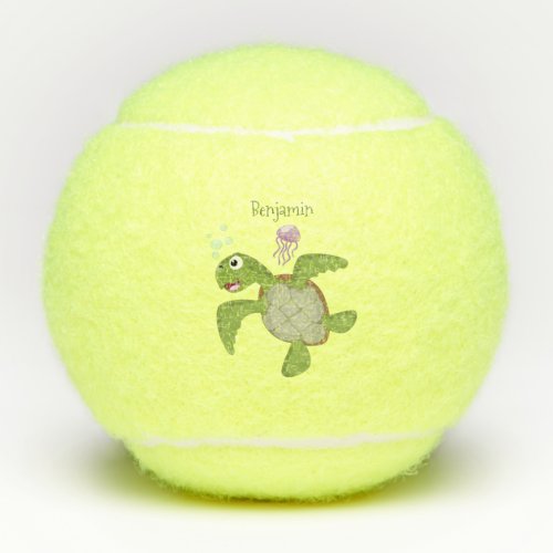 Cute green sea turtle happy cartoon illustration tennis balls