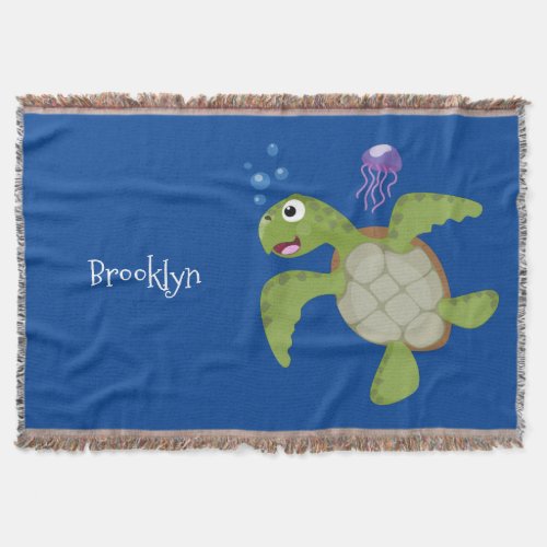 Cute green sea turtle happy cartoon illustration throw blanket