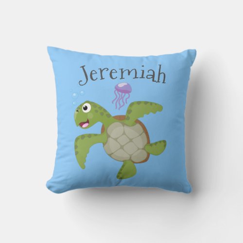 Cute green sea turtle happy cartoon illustration throw pillow