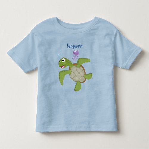 Cute green sea turtle happy cartoon illustration toddler t_shirt