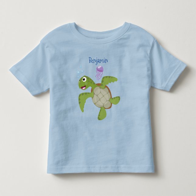 Cute green sea turtle happy cartoon illustration toddler t-shirt (Front)