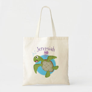 Cute green sea turtle happy cartoon illustration tote bag