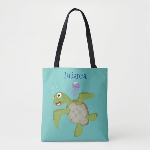 Cute green sea turtle happy cartoon illustration tote bag