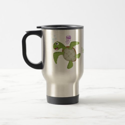 Cute green sea turtle happy cartoon illustration travel mug
