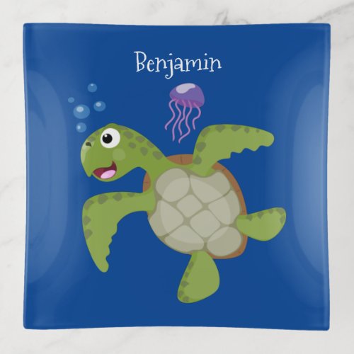 Cute green sea turtle happy cartoon illustration trinket tray