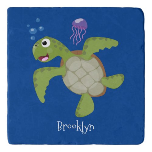 Cute green sea turtle happy cartoon illustration trivet