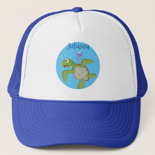 Cute green sea turtle happy cartoon illustration trucker hat