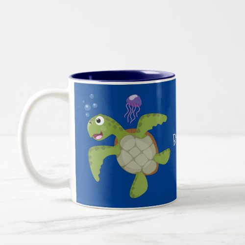Cute green sea turtle happy cartoon illustration Two_Tone coffee mug