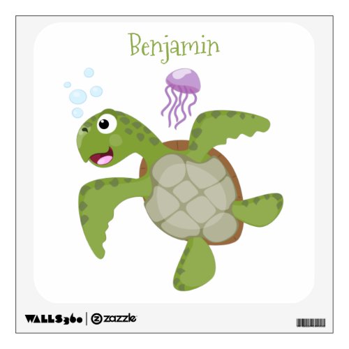 Cute green sea turtle happy cartoon illustration wall decal