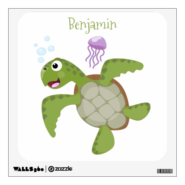 Cute green sea turtle happy cartoon illustration wall decal (Front)