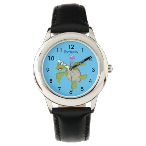 Cute green sea turtle happy cartoon illustration watch