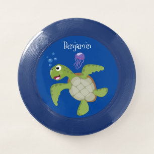 Cute green sea turtle happy cartoon illustration Wham-O frisbee