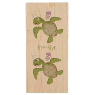 Cute green sea turtle happy cartoon illustration wood flash drive