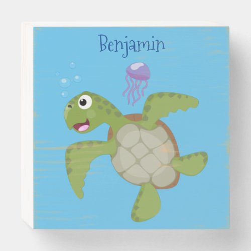Cute green sea turtle happy cartoon illustration wooden box sign