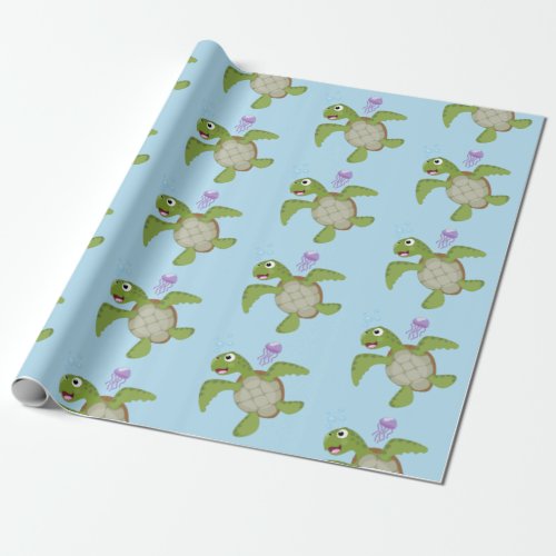 Cute green sea turtle happy cartoon illustration wrapping paper