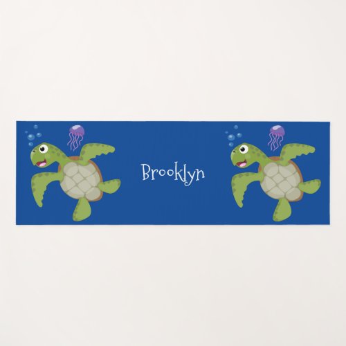 Cute green sea turtle happy cartoon illustration yoga mat