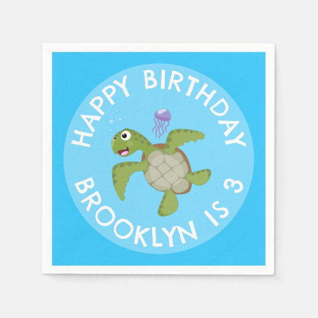 Cute green sea turtle happy cartoon personalized napkins (Front)
