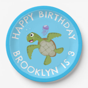 Cute green sea turtle happy cartoon personalized paper plates
