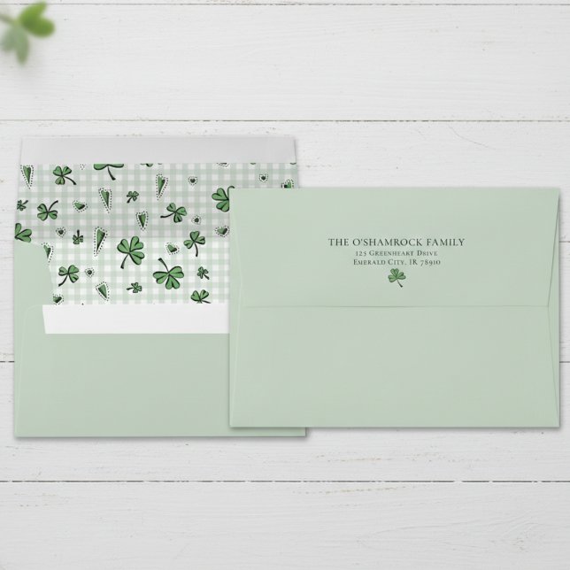 Cute Green Shamrock and Green Gingham Envelope (Cute Irish Baby Shower Envelopes. Green Shamrock Hearts Green and White Gingham Pattern for Kids)