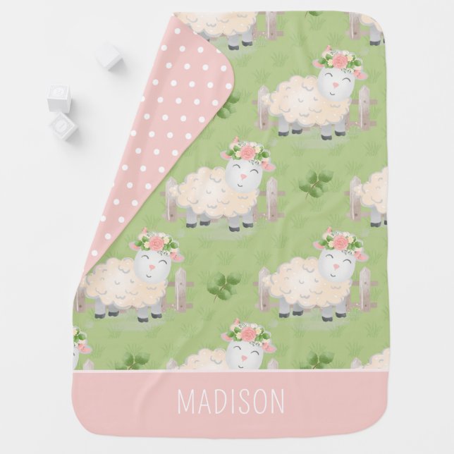 Cute Green Sheep Lamb Pattern Monogram Baby Blanket (In Situ)