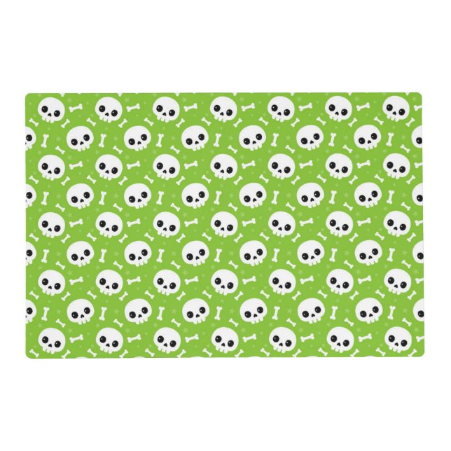 Cute Green Skull & Bones Halloween Pattern Placemat (Front)