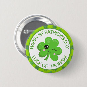 Cute Green Smiling Irish Lucky Clover Button