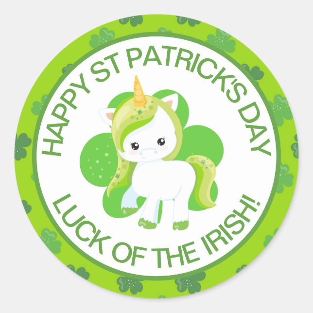 Cute Green Smiling Irish Lucky Unicorn and Clover Classic Round Sticker (Front)