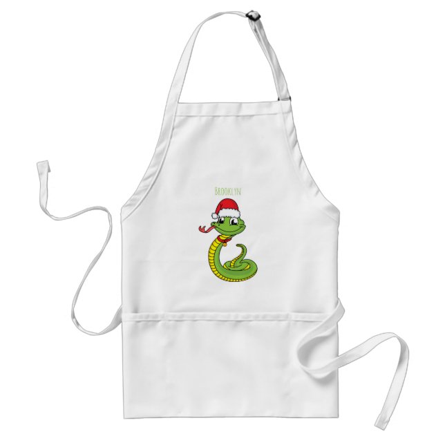 Cute green snake with santa hat cartoon adult apron (Front)