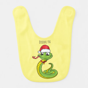 Cute green snake with santa hat cartoon baby bib