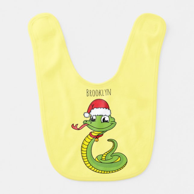 Cute green snake with santa hat cartoon baby bib (Front)