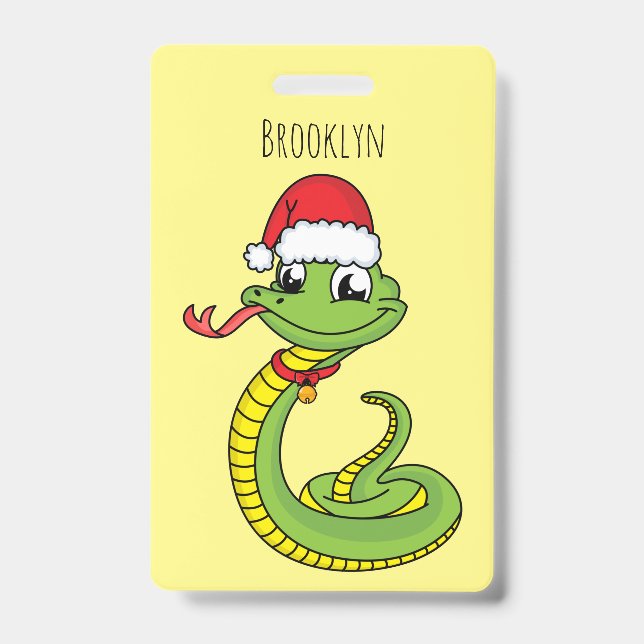 Cute green snake with santa hat cartoon badge (Front)