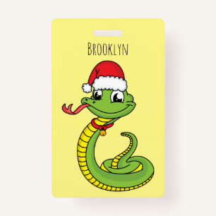 Cute green snake with santa hat cartoon badge
