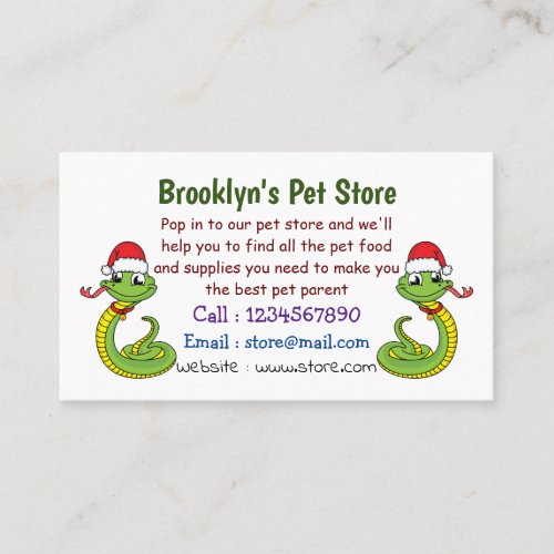 Cute green snake with santa hat cartoon business card