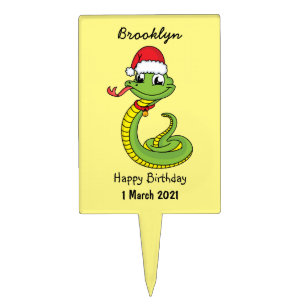 Cute green snake with santa hat cartoon cake topper