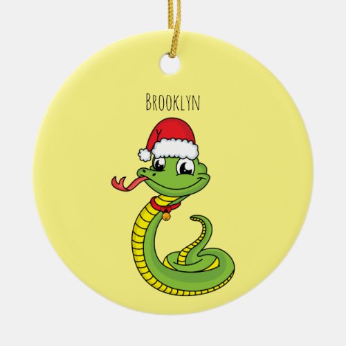 Cute green snake with santa hat cartoon ceramic ornament