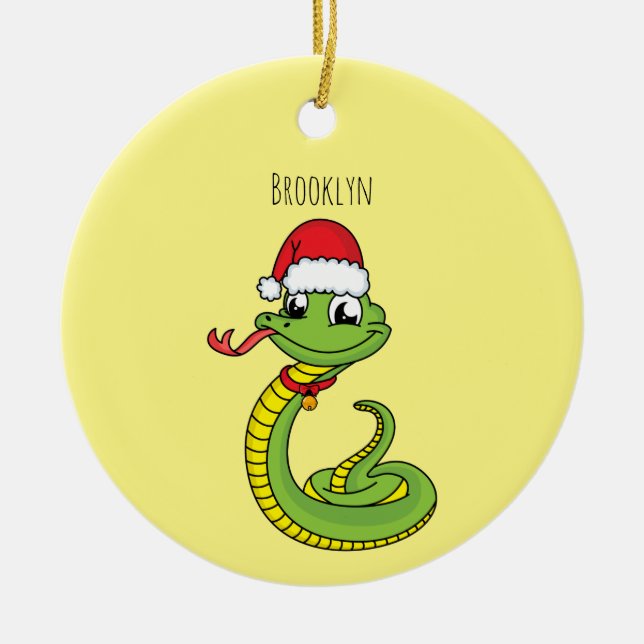 Cute green snake with santa hat cartoon ceramic ornament (Front)