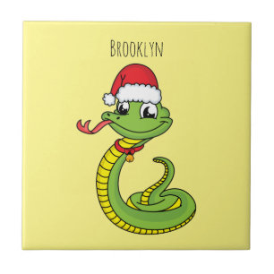 Cute green snake with santa hat cartoon ceramic tile