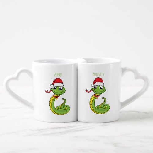 Cute green snake with santa hat cartoon coffee mug set