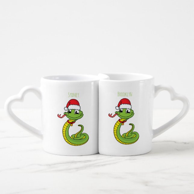 Cute green snake with santa hat cartoon coffee mug set (Front Nesting)