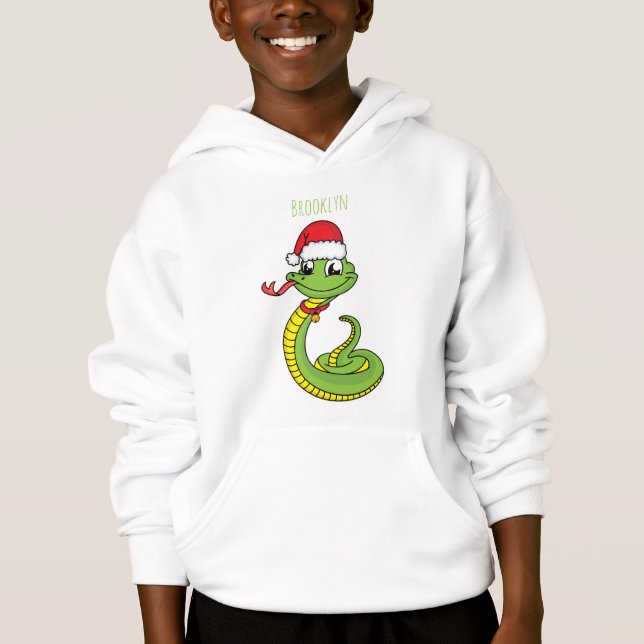 Cute green snake with santa hat cartoon hoodie (Front)