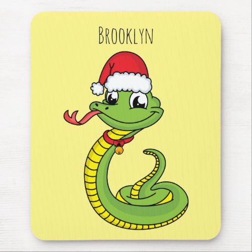 Cute green snake with santa hat cartoon mouse pad